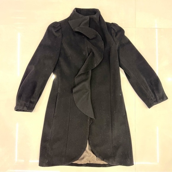 Sisley Cashmere Wool Pea Coat Jkt Blazer Black Velvet Soft Ruffle Snap Up Small - Picture 11 of 13